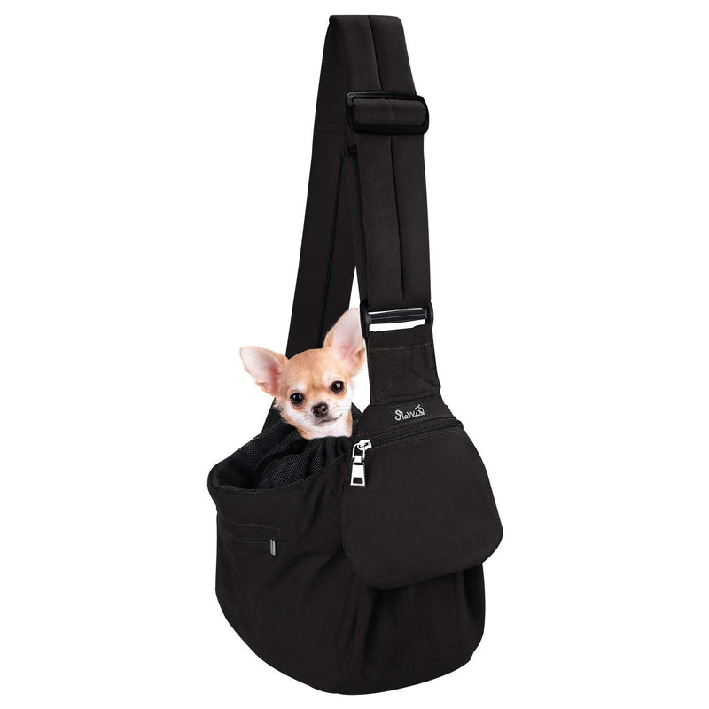 SlowTon Pet Sling Carrier, Comfortable Hard Bottom Support Small Dog Papoose Sling Adjustable Padded Shoulder Strap Hand Free Puppy Cat Carry Bag with Drawstring Opening Zipper Pocket Safety Belt For Pets Up to 9 lbs Black - PawsPlanet Australia