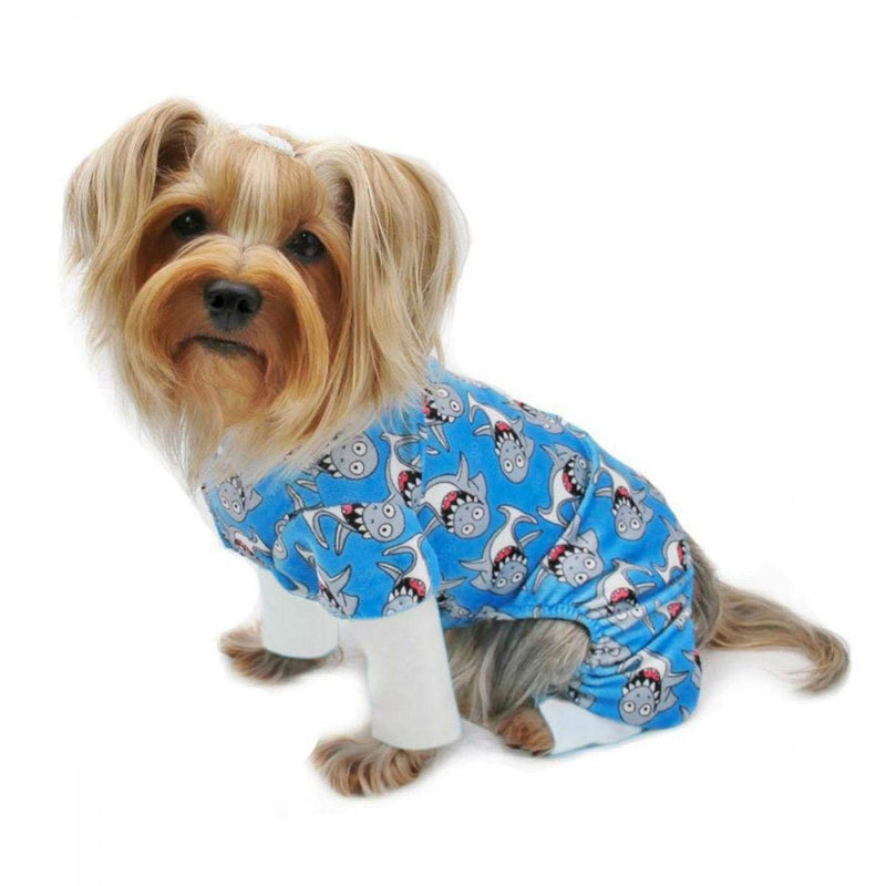 Klippo Dog/Puppy Minky Silly Sharks Plush Pajamas/Bodysuit/Loungewear/PJ/Coverall/Jumper/Romper for Small Breeds S - PawsPlanet Australia