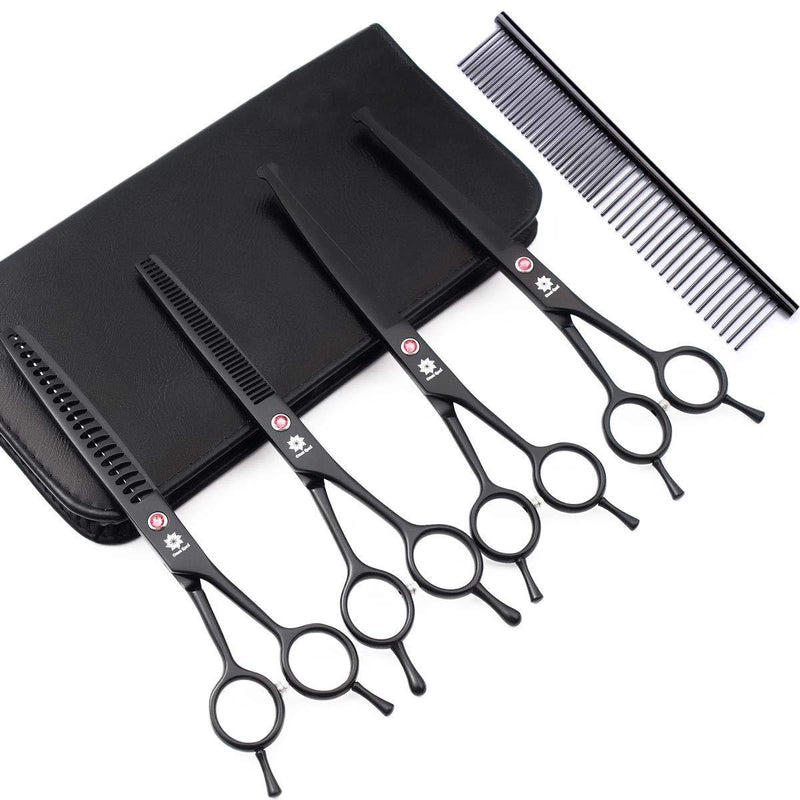 [Australia] - Dream Reach Professional Pet 7.0 Inches Cat Dog Grooming Shears Scissors, Straight, Curved, Thinning/Blending/Chunking Scissors Kit 4-Set Blunt Tip 