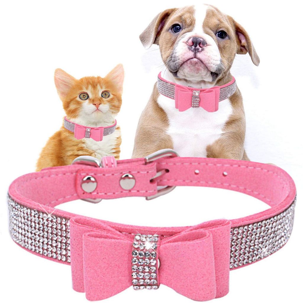 [Australia] - teemerryca Pink Bling Diamond Dog Collars with Bow Girl Breakaway Safety Cat Collar Sparkly Rhinestone Dog Leash Christmas Decorative Necklace XL Neck 15.3"-19.3" suede diamond bow collar 