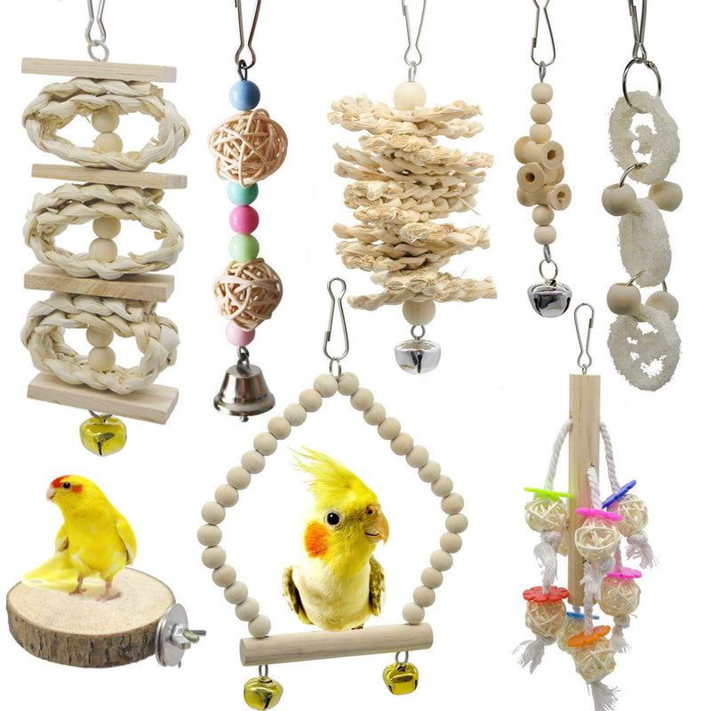 [Australia] - Deloky 8 Packs of Bird Parrot Swing Chewing Toys-Natural Wood Bird Climbing Hanging Cage Toys Suitable for Small Parakeets, Cockatiels, Conures, Finches,Budgie,Macaws, Parrots, Love Birds 