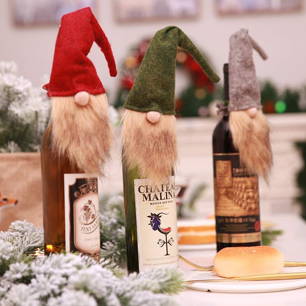 MSQ 3PACK Christmas Wine Bottle Cover, Xmas Gnomes Handmade Swedish Tomte Decorative Wine Bottle Toppers Dress for Home Christmas Decorations Table Decorations - PawsPlanet Australia