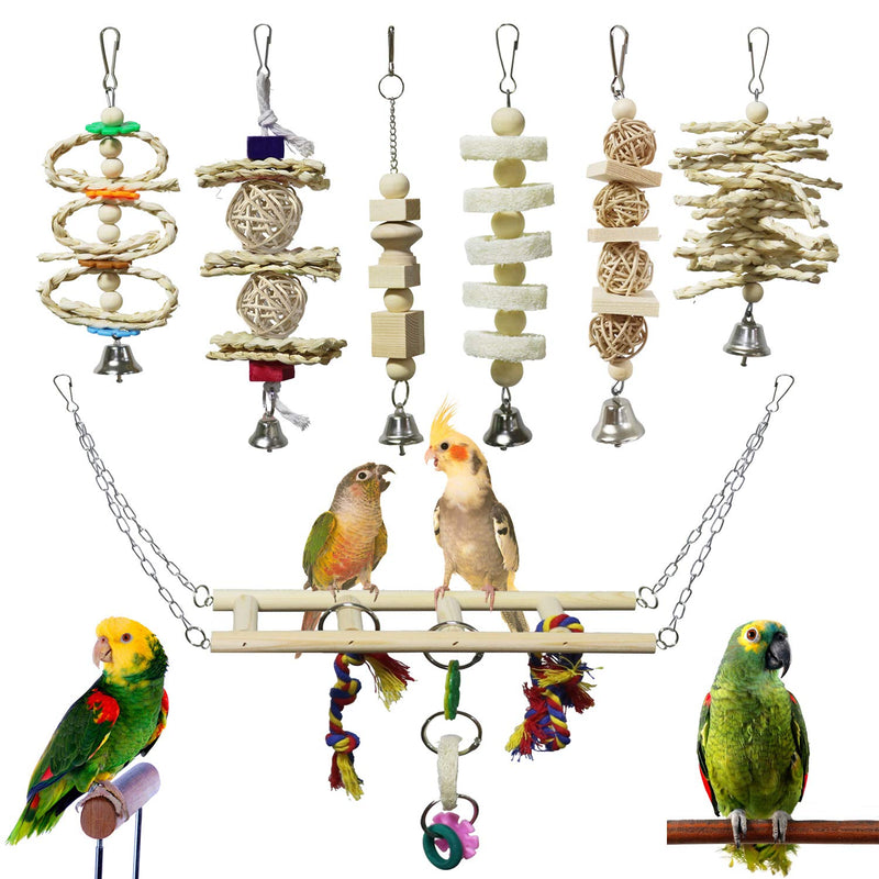 BWOGUE 7 Packs Bird Parrot Toys Natural Wood Chewing Toy Bird Cage Toys Hanging Swing Hammock Climbing Ladders Toys for Small Parakeets, Cockatiels, Conures, Finches,Budgie, Parrots, Love Birds - PawsPlanet Australia