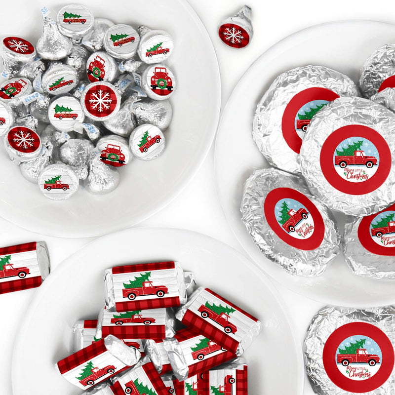 Big Dot of Happiness Merry Little Christmas Tree - Mini Candy Bar Wrappers, Round Candy Stickers and Circle Stickers - Red Truck and Car Christmas Party Candy Favor Sticker Kit - 304 Pieces - PawsPlanet Australia