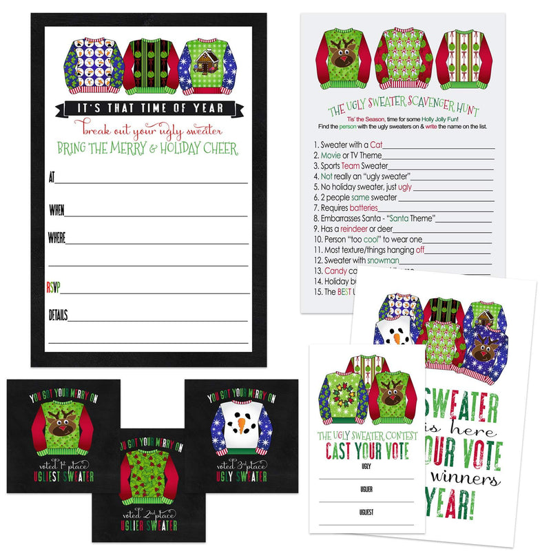 Ugly Sweater Party Bundle (25 Guests) Set Includes Blank Invitations and Envelopes – Voting Cards – Scavenger Hunt Game - Prize Winner Sticker Wine Label (104 Total pcs.) - PawsPlanet Australia