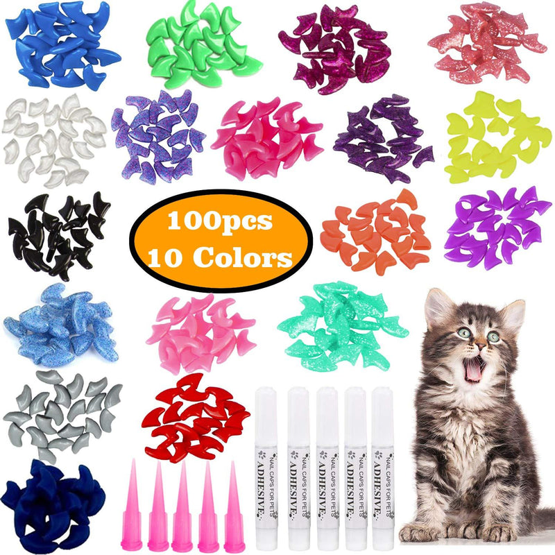 [Australia] - VICTHY 100pcs Cat Nail Caps, Colorful Pet Cat Soft Claws Nail Covers for Cat Claws with Glue and Applicators, 10 Colors/Set Small 