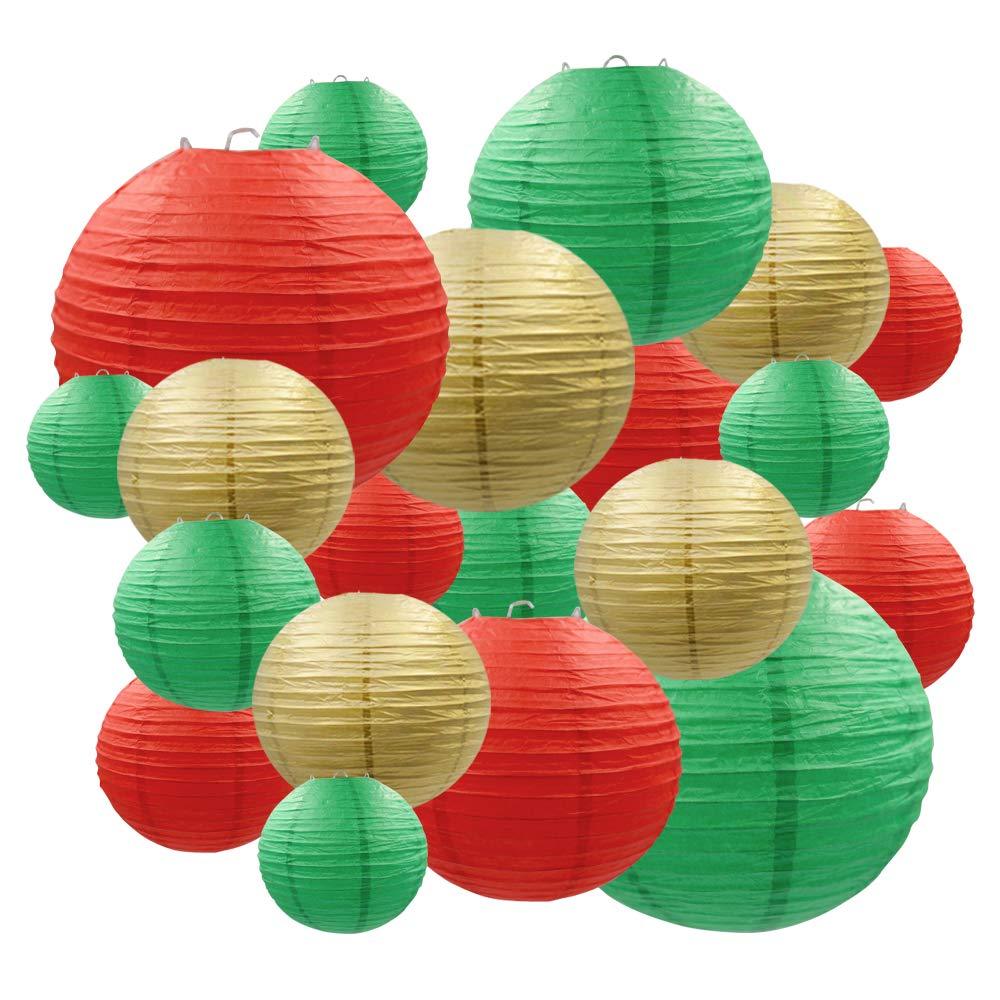 Christmas Party Paper Lanterns 20 pcs, Metallic Gold & Red & Green Christmas Color Japanese/Chinese Lantern Lamp Garland for Indoor Outdoor, by BllalaLab Red, Green & Gold - Christmas - PawsPlanet Australia