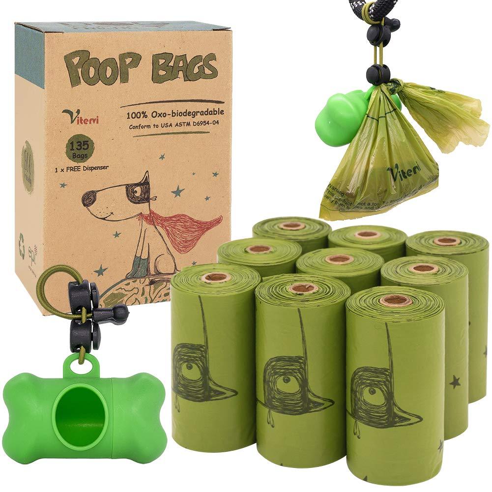 [Australia] - Vitervi Dog Poop Bags, (135/360 Counts) Doggie Bags for Poop, Extra Thick and 100% Leak-Proof, Eco-Friendly Biodegradable Pet Waste Bags Refill Rolls with Dispenser and Leash Clip Unscented 135 Bags, 9 Rolls 