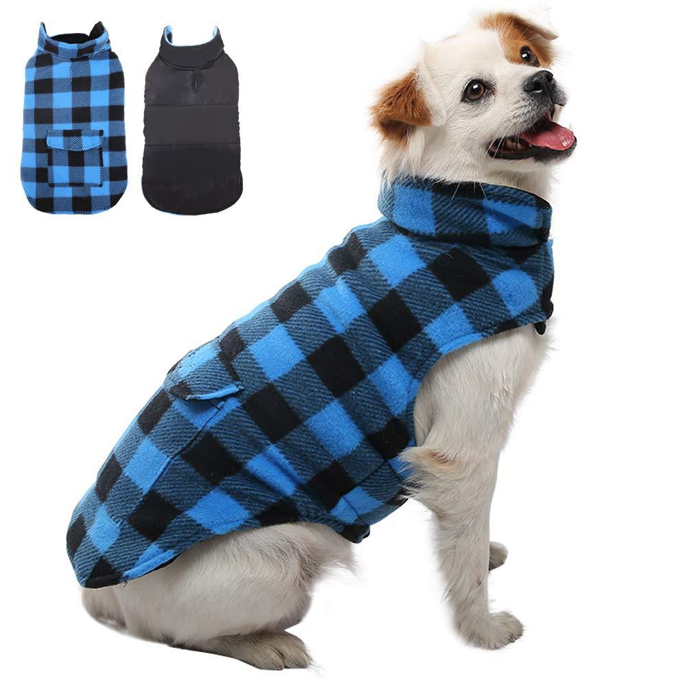 Kuoser British Style Plaid Dog Winter Coat, Windproof Cozy Cold Weather Dog Coat Dog Apparel Dog Jacket Dog Vest for Small Medium and Large Dogs with Pocket & Leash Hook XS-3XL L Blue - PawsPlanet Australia