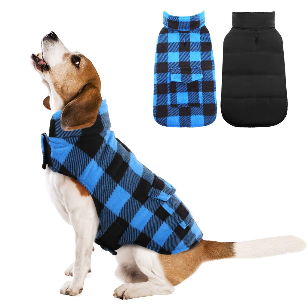 [Australia] - Kuoser British Style Plaid Dog Winter Coat, Windproof Cozy Cold Weather Dog Coat Dog Apparel Dog Jacket Dog Vest for Small Medium and Large Dogs with Pocket & Leash Hook XS-3XL S(Chest Girth:12.6-15.4") Blue 