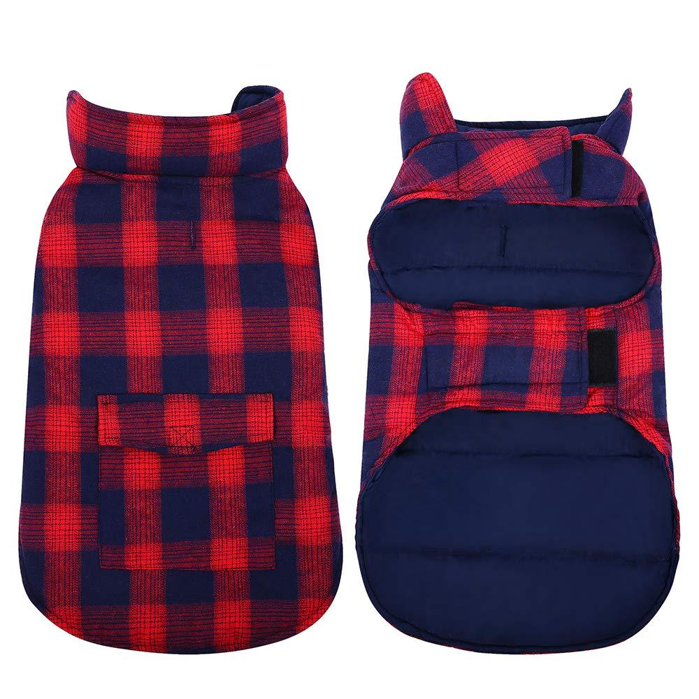Kuoser British Style Plaid Dog Winter Coat, Windproof Water Repellent Cozy Cold Weather Dog Coat Fleece Lining Dog Apparel Dog Jacket Dog Vest for Small Medium and Large Dogs with Pocket XS-3XL S(Chest:11.8-13.7",Back:10.2") Red - PawsPlanet Australia