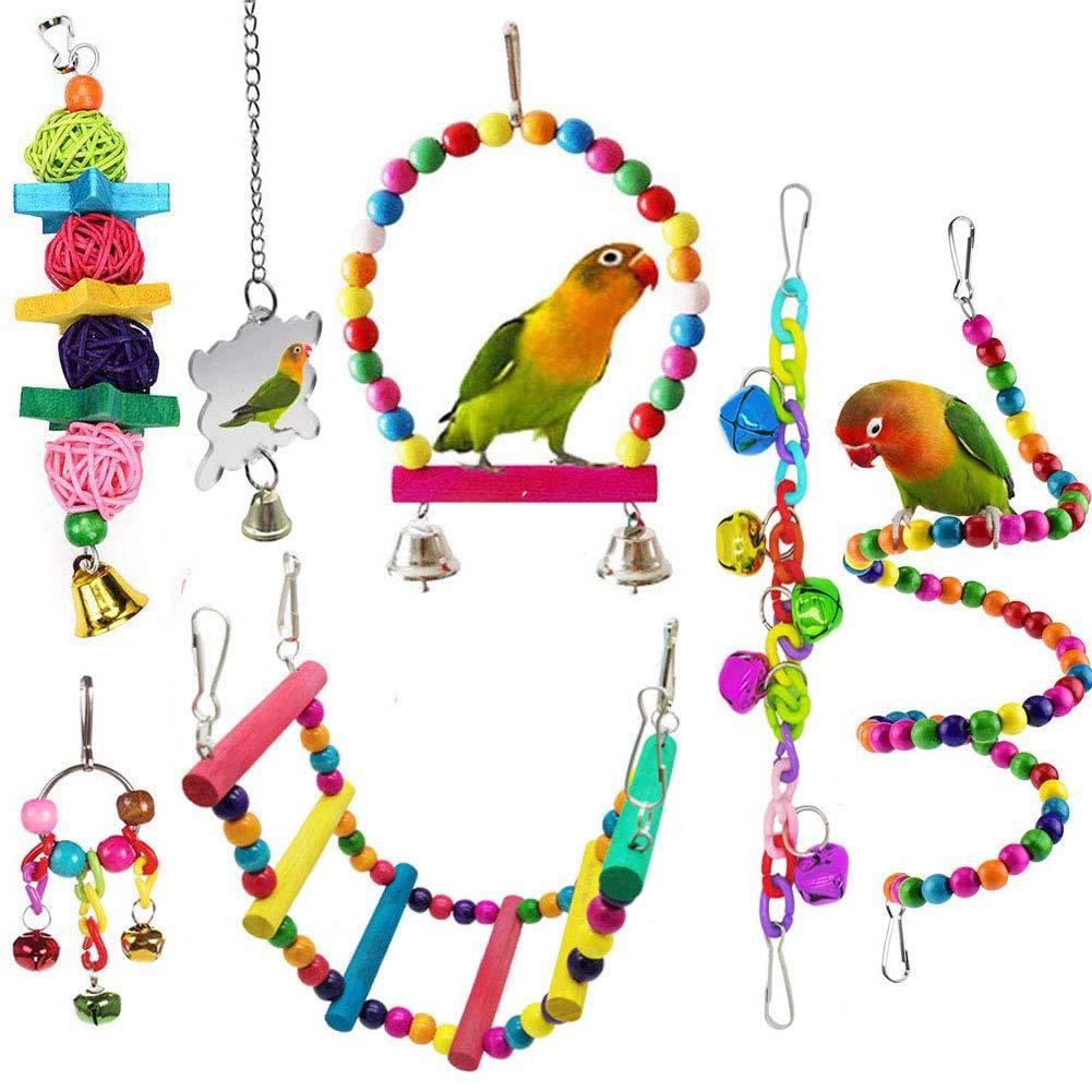 Bird Parakeet Cockatiel Parrot Toys, ESRISE Natural Wood Hanging Bell Pet Bird Cage Hammock Swing Climbing Ladders Wooden Perch Mirror Chewing Toy for Conures, Love Birds - PawsPlanet Australia