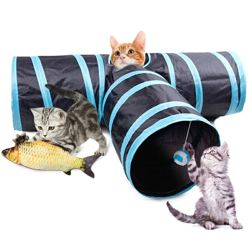 Blnboimrun Pet Cat Tunnel for Indoor，Collapsible 3 Way Tube Toys，Peek Hole Toy Ball，Also Included is an Interactive Catnip Fish，Fun for Rabbits,Kittens and Puppy Blue + black - PawsPlanet Australia