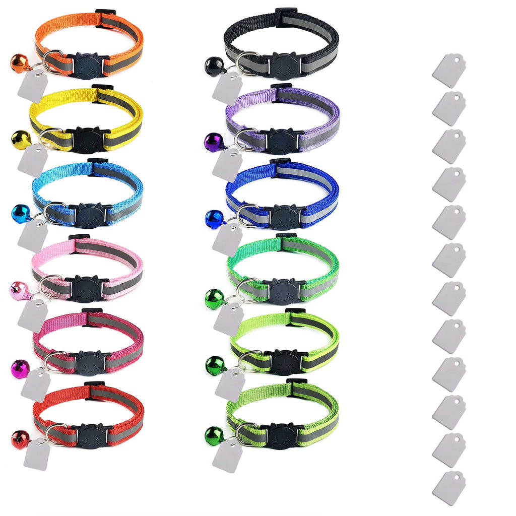 [Australia] - Elanz 12 Pack Reflective Breakaway Cat Collar with Bell & ID Tag – Adjustable, Super Soft, Durable Nylon Cat Collars – Multicolor with Safety Buckles & Weatherproof ID Tags for Kittens & Cats 