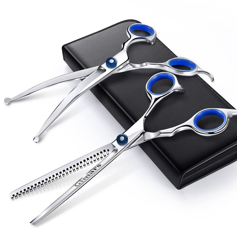 Gimars 4CR Stainless Steel Round Tips 3 in 1 Dog Grooming Scissors Set, Heavy Duty Grooming Trimmer Kit - Perfect Thinning, Curved Shears for Long Short Hair, Large Small Dogs Cat Pets - PawsPlanet Australia