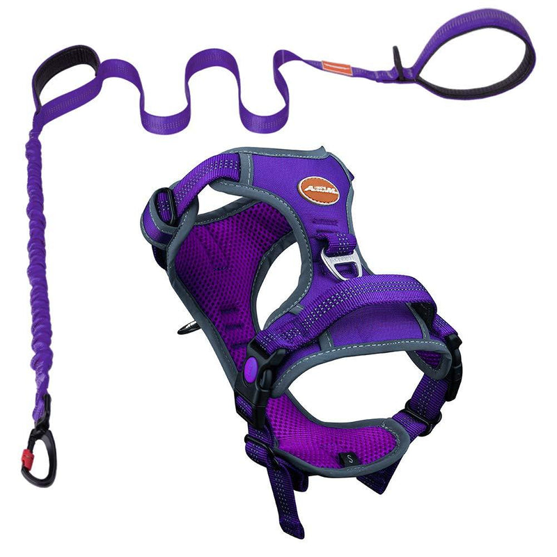 [Australia] - AdventureMore Dog Harness Leash Set, No-Pull Dog Harness, Front Clip Dog Harness, Reflective Dog Vest, with 5 ft Dual Handle Dog Leash, Padded Handles Bungee Training Dog Leash L(chest 17-35"/neck 18-26") Purple 