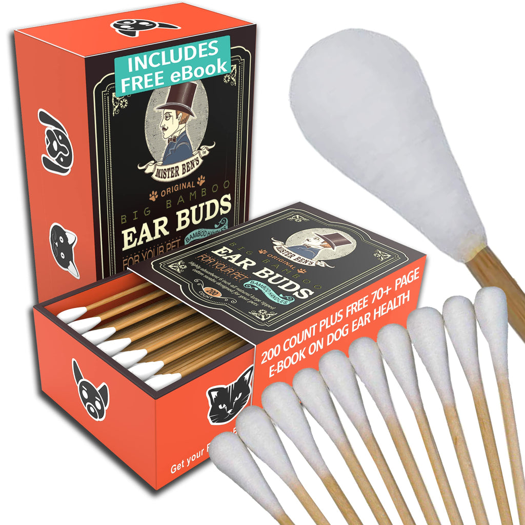 MISTER BEN'S Original Big Bamboo Buds - Premium Cotton Ear Buds Swabs for Dogs and Cats (Large Double 200 Count) with Long 6 inch Bamboo Handle - Soft & Absorbent for Ear Cleaning - PawsPlanet Australia