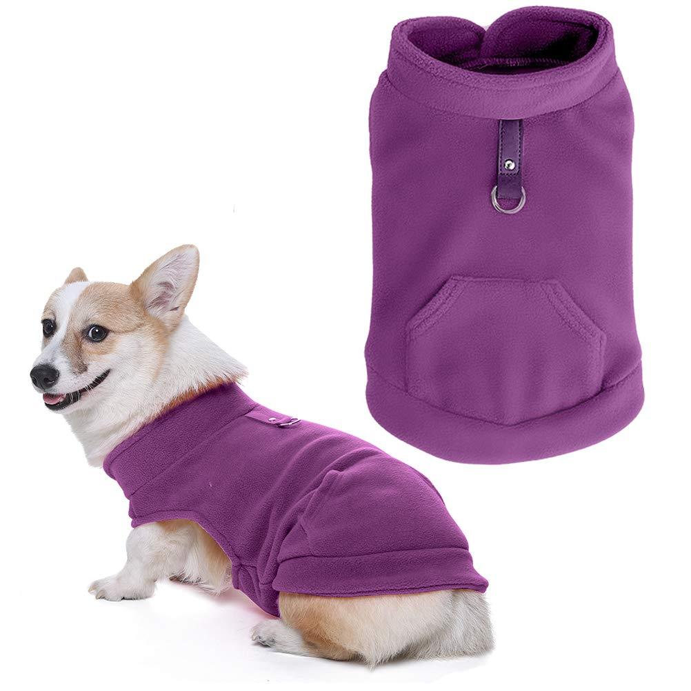 EXPAWLORER Dog Warm Fleece Vest Winter Jacket with Pocket Fluffy Coat Dogs Harness Clothes for Autumn and Winter XS Purple - PawsPlanet Australia