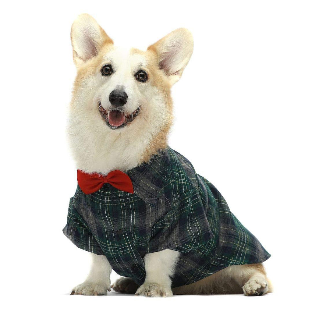 [Australia] - Fitwarm Cotton Plaid Dog Shirts for Pet Clothes Polo Apparel Cat T-Shirts Green + Wedding Bowtie XL 