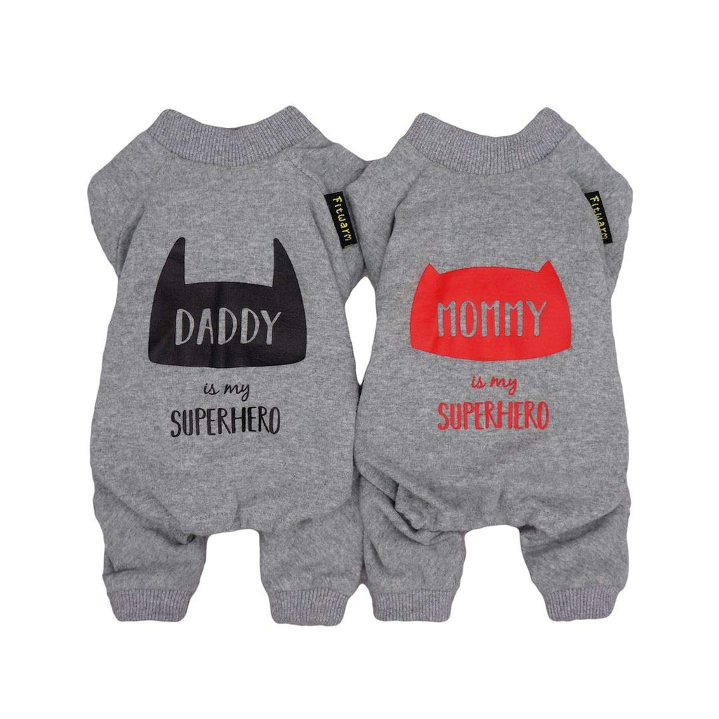 [Australia] - Fitwarm Dog Clothes 2-Pack Daddy Mommy is My Superhero Pet Clothes for Dog Pajamas Onesies Cat Jumpsuits PJS Cotton Grey XS 