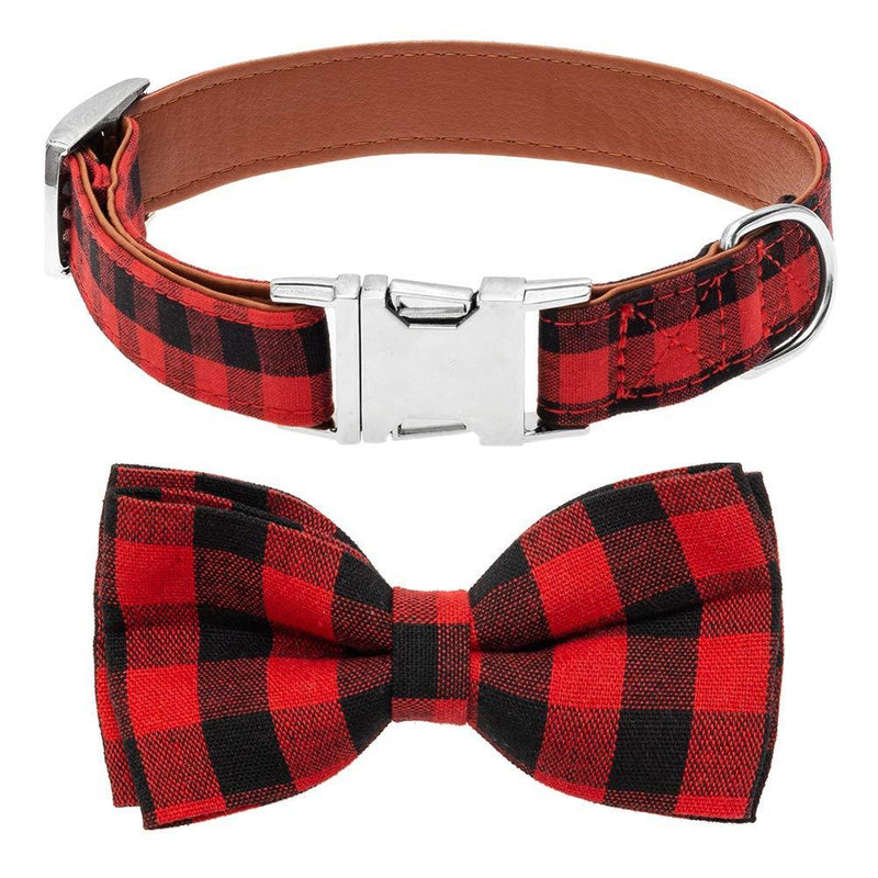 [Australia] - Mihachi Plaid Bowtie Dog Collar Adjustable - Premium Classic Plaid with Metallic Buckle Collars for Medium to Large Dogs Red 