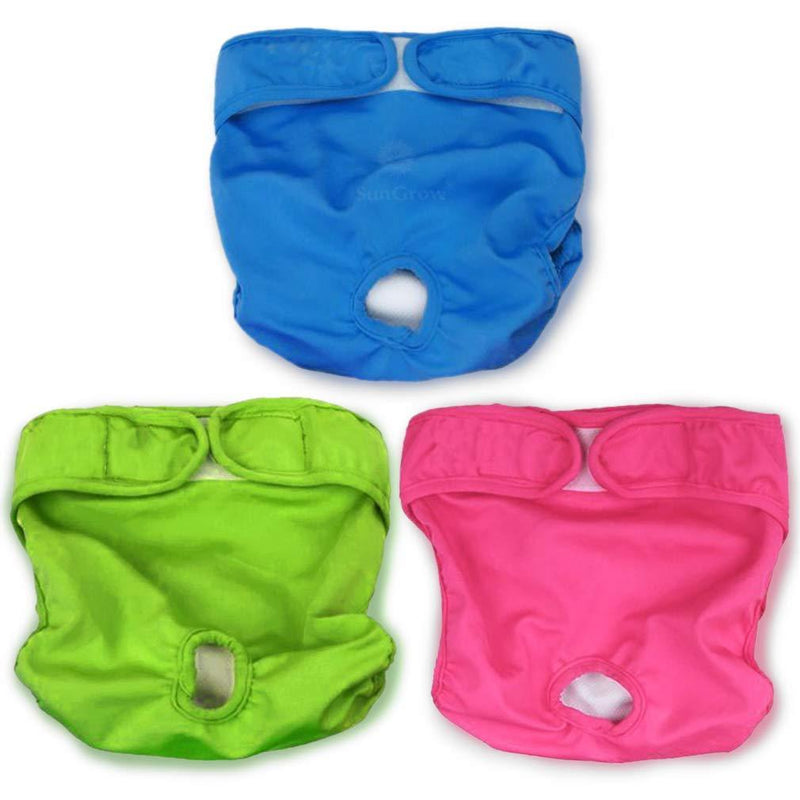 [Australia] - SunGrow Washable Dog Diapers, Fits 9-15 Inches Waist, Red, Green and Blue Color, Reusable, Dry Easily Soft Fabric, Elastic Waist, Easy to Use Touch Fastener, Pack of 3 