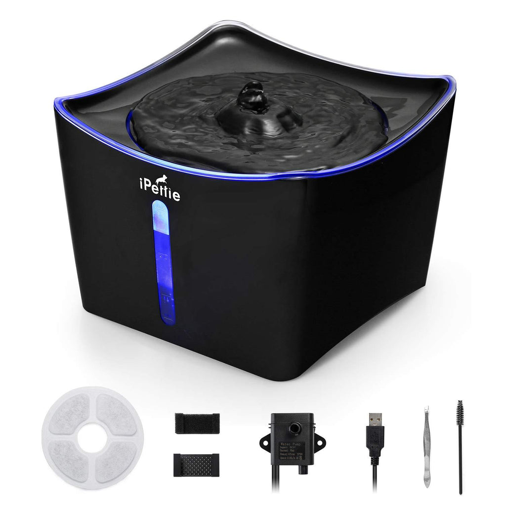 [Australia] - iPettie Kamino LED Light Pet Water Fountain 3L/101oz, Ultra-Quiet Automatic Water Dispenser with Water Level Window, USB Pump & Dual Filters for Cats and Dogs Black 