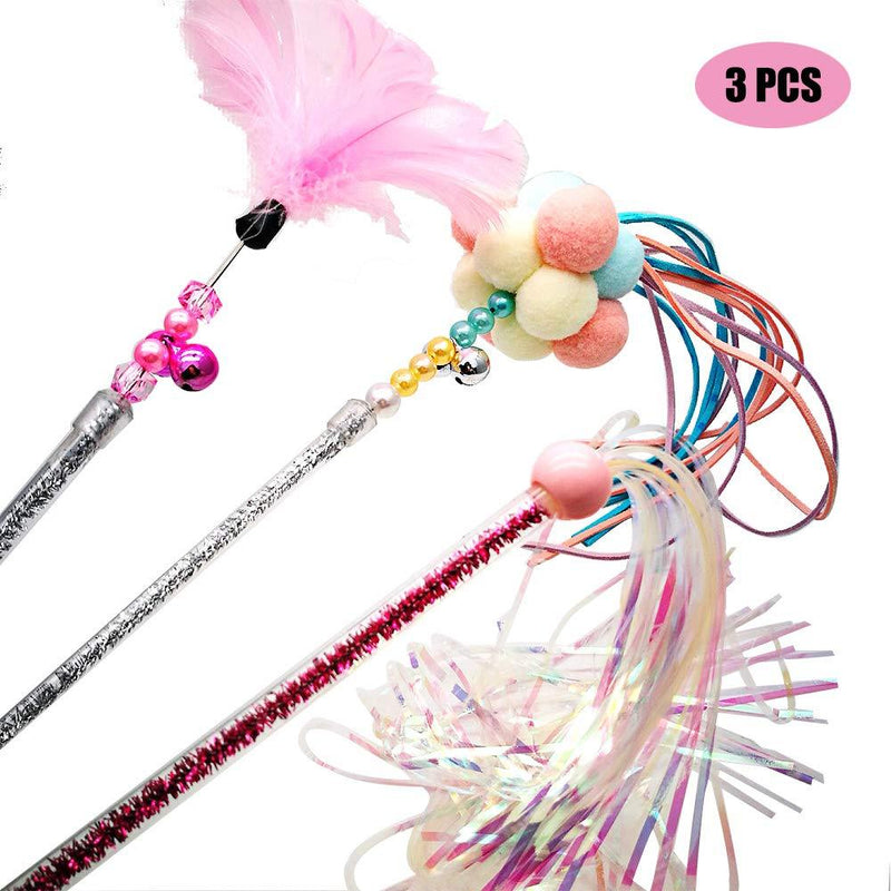 [Australia] - Cat Teaser Wands 3 PCS Cat Wands Interactive Cat Toys Cat Stick with Balls, Feather and Tassel for Cat Kitten Having Fun Exerciser Playing Pink 