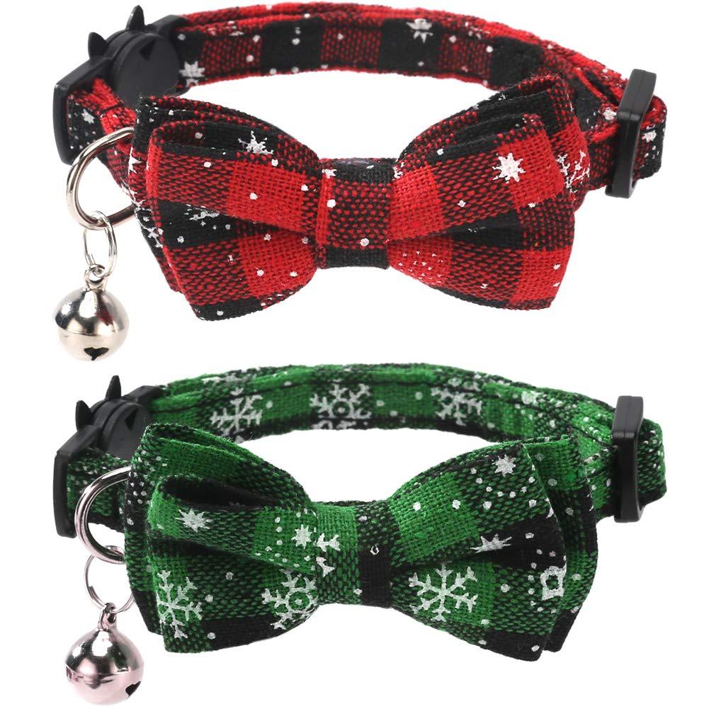 [Australia] - Lamphyface 2 Pack/Set Christmas Cat Collar Breakaway with Cute Bow Tie and Bell for Kitty Adjustable Safety Plaid 