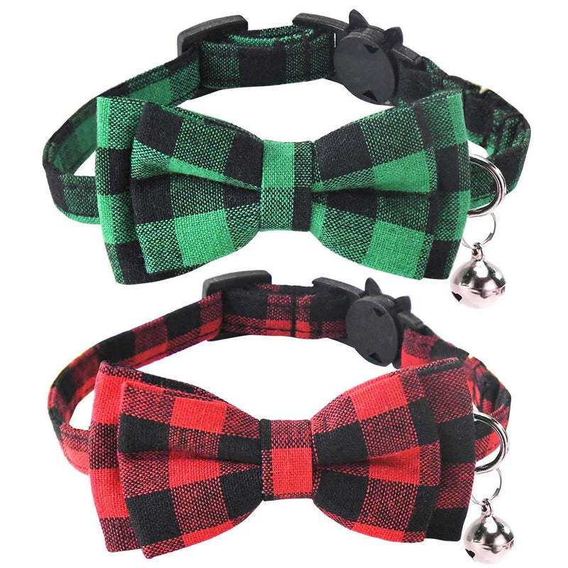 [Australia] - Malier 2 Pack Cat Collar Breakaway with Bell and Cute Bow Tie, Wave Point Printing Design Bow Patterns for Cats Kitty Kitten Puppy Red Plaid + Green Plaid 