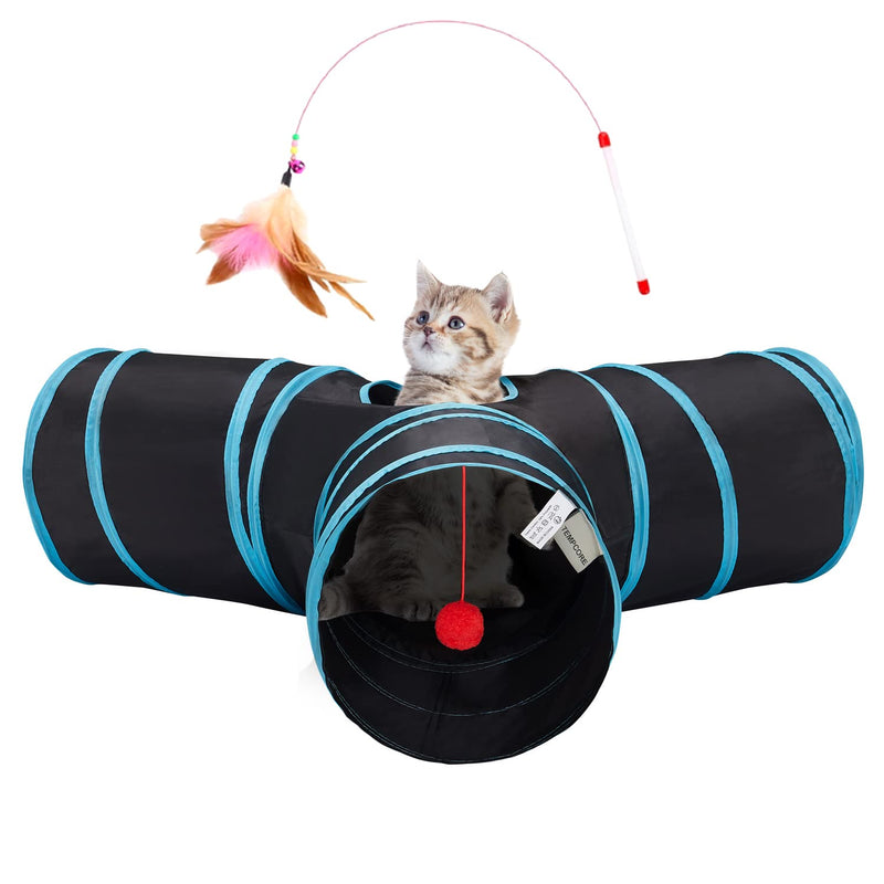 Tempcore Pet Cat Tunnel Tube Cat Toys 3 Way Collapsible, Cat Tunnels for Indoor Cats，Kitty Tunnel Bored Cat Pet Toys Peek Hole Toy Ball Cat, Puppy, Kitty, Kitten, Rabbit 3-Way Blue - PawsPlanet Australia