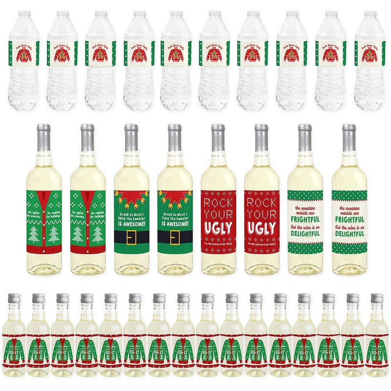 Big Dot of Happiness Ugly Sweater - Mini Wine Bottle Labels, Wine Bottle Labels and Water Bottle Labels - Holiday and Christmas Party Decorations - Beverage Bar Kit - 34 Pieces - PawsPlanet Australia