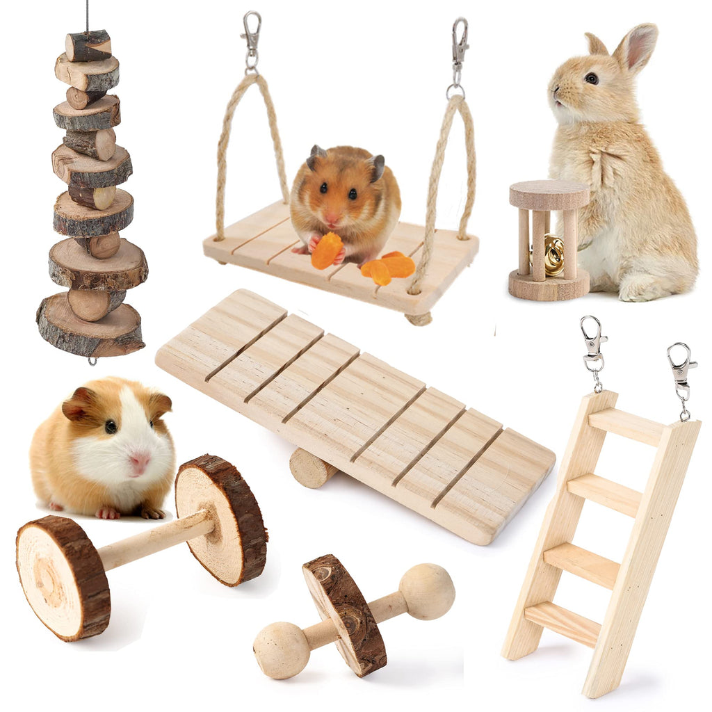 JanYoo Hamster Accessories and Toys for Cages Real Syrian Hamsters Chew Set Natural Wooden Climbing Swing Ladder Hanging Pack Pack of 7-B - PawsPlanet Australia
