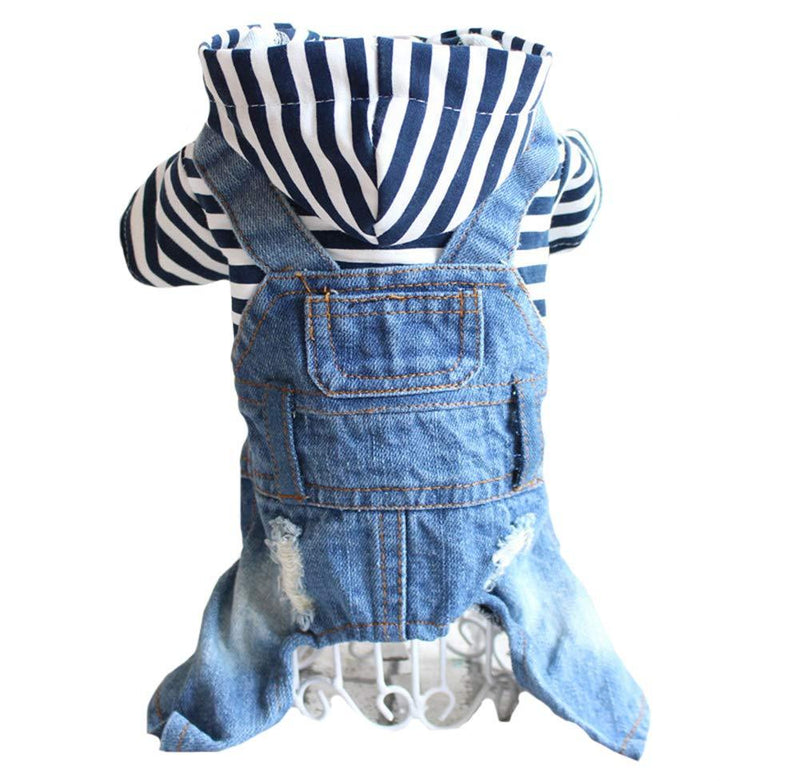 [Australia] - Tengzhi Denim Striped or Grid Pet Dog Jumpsuits Puppy Cat Hoodie Jean Coat Four Feet Clothes for Small Dogs Teddy Yorkies Sweatshirt Jeans Overalls M BLUE Striped 