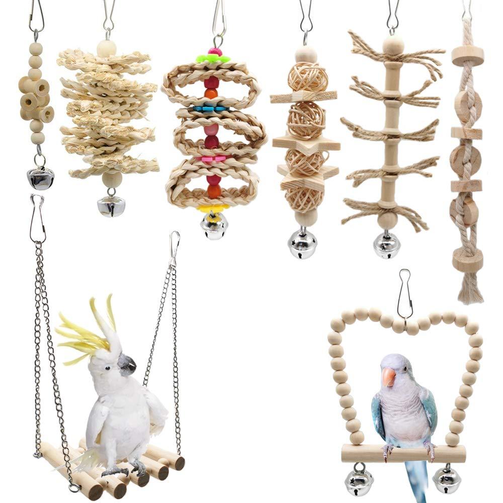 8 Packs Bird Parrot Swing Chewing Toys with Upgraded Bell, Creatiee Natural Wood Standing Hanging Hammock Bird Cage Toys for Small Parakeets, Cockatiels, Conures, Finches, Budgie, Macaws, Love Birds - PawsPlanet Australia