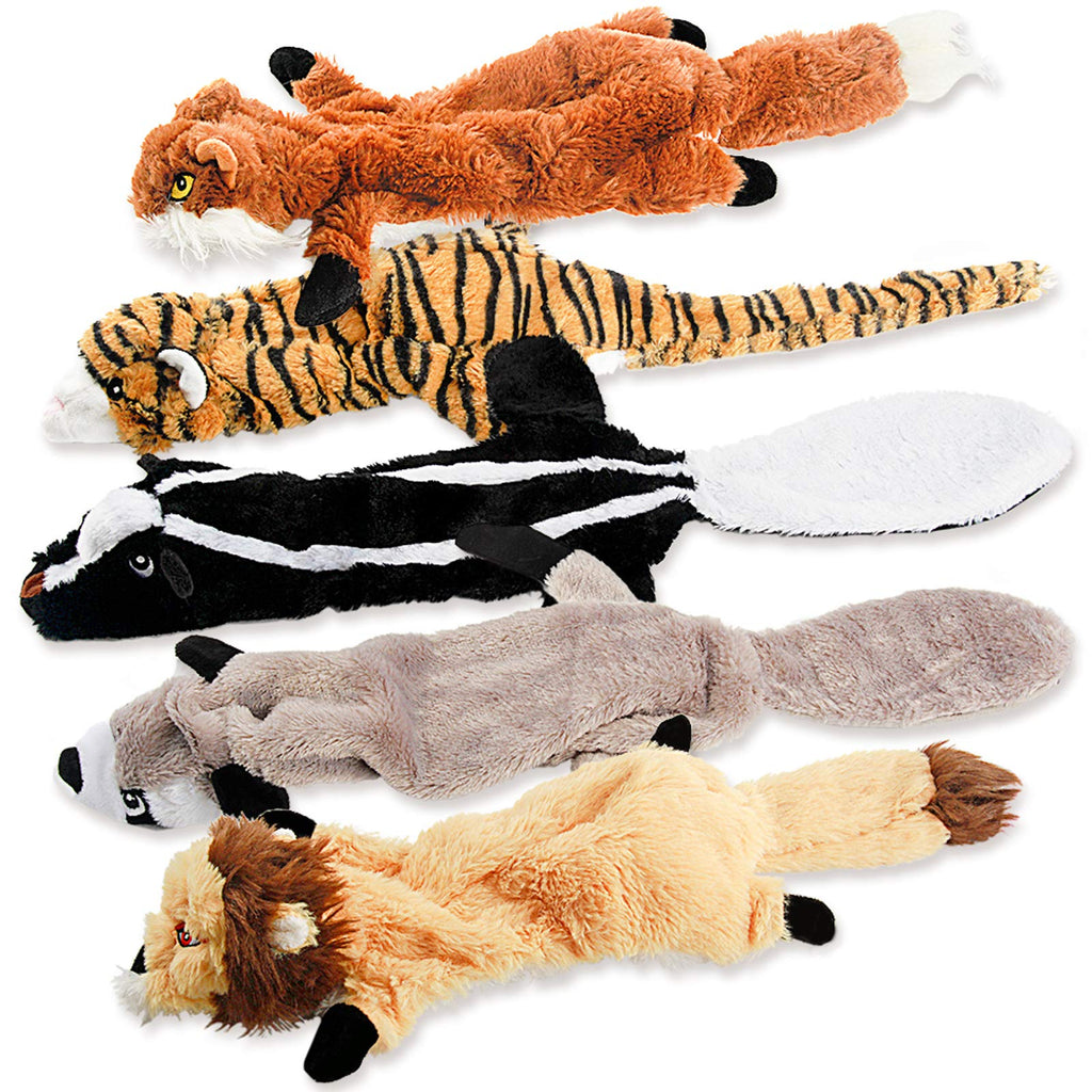 Dog Squeaky Toys, No Stuffing Plush Chew Toy for Small Medium Dogs Puppy Aggressive Chewers Large Breed, 5 Pack Cute Animal Raccoon Squirrel Tiger Fox and Lion, Tough Durable Teething Interactive Gift - PawsPlanet Australia