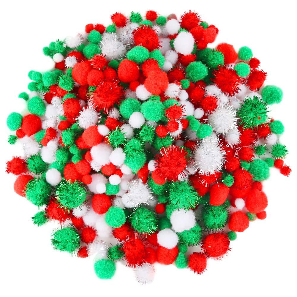 Caydo 500 Pieces Christmas Assorted Pom Poms in 4 Sizes with Glitter Pom Poms for DIY, Creative Christmas Crafts Decorations(Red, Green, White) - PawsPlanet Australia