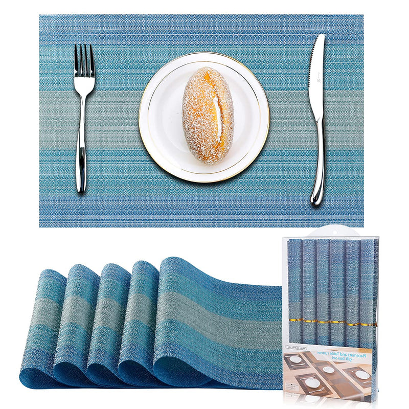 GENNISSY Blue Placemats for Dining Table Set of 6 Washable Easy to Clean Place Mats Non-Slip PVC Waterproof Woven Winyl Table Mats for Home Kitchen Restaurant Christmas Party Decoration Blue Placemat - PawsPlanet Australia