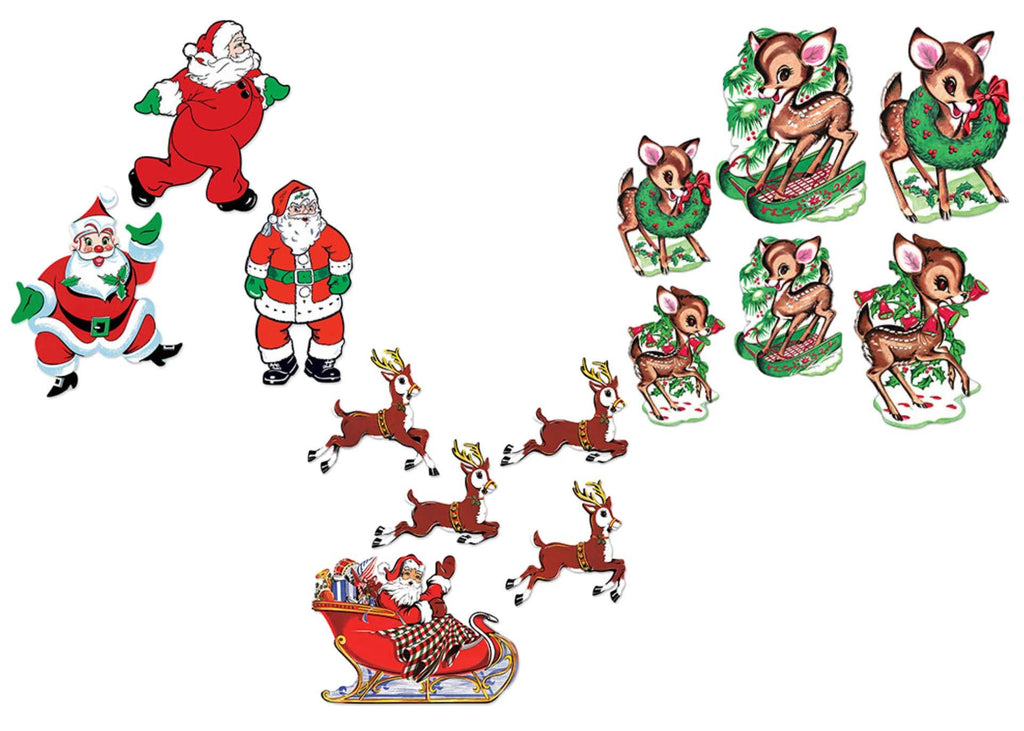 Vintage Christmas Holiday Decorations Bundle: Includes (1) Pack of Santa Cutouts, (1) Pack of Santa and Sleigh Cutouts, and (1) Pack of Reindeer Cutouts - PawsPlanet Australia