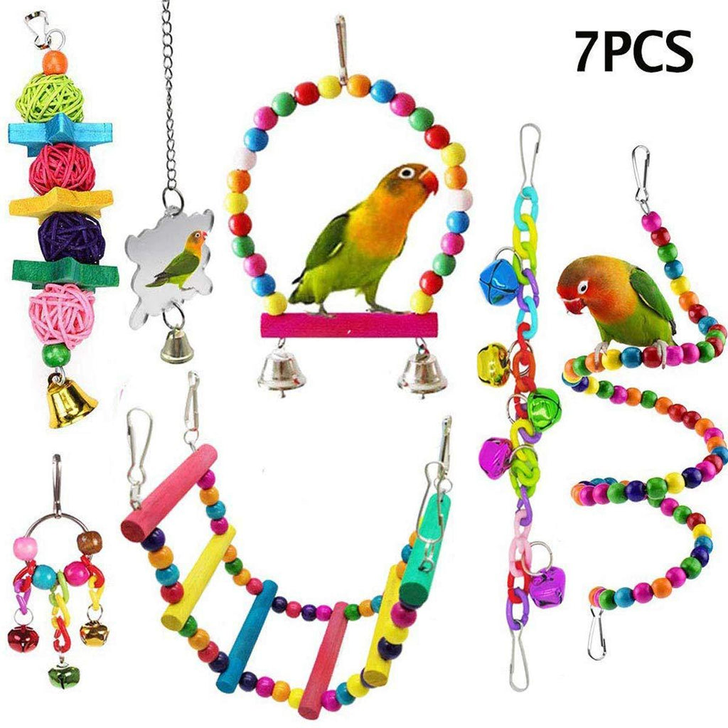 [Australia] - SONYANG Bird Parrot Toys 7 Pcs Parakeet Toys Hanging Bell Pet Bird Cage Hammock Swing Climbing Ladders Toy Wooden Perch Mirror Chewing Toy for Pet Parrot Lovebird Howl Budgie Cockatiels Macaws Finches 