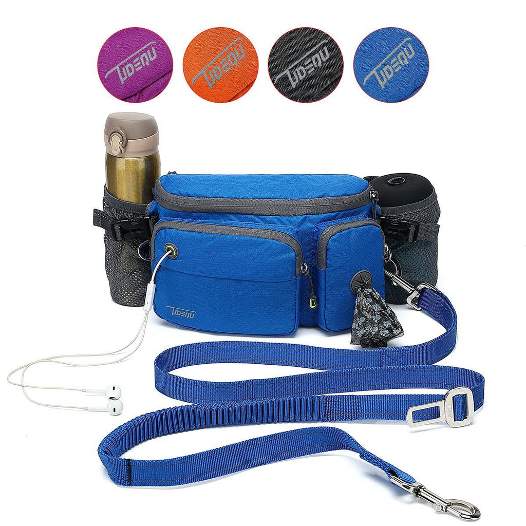 [Australia] - TUDEQU 4-IN-1 Hand Free Reflective Dog Leash with Waist Bag Car Seat Belt Buckle Ybgs Blue Bag+blue Leash 