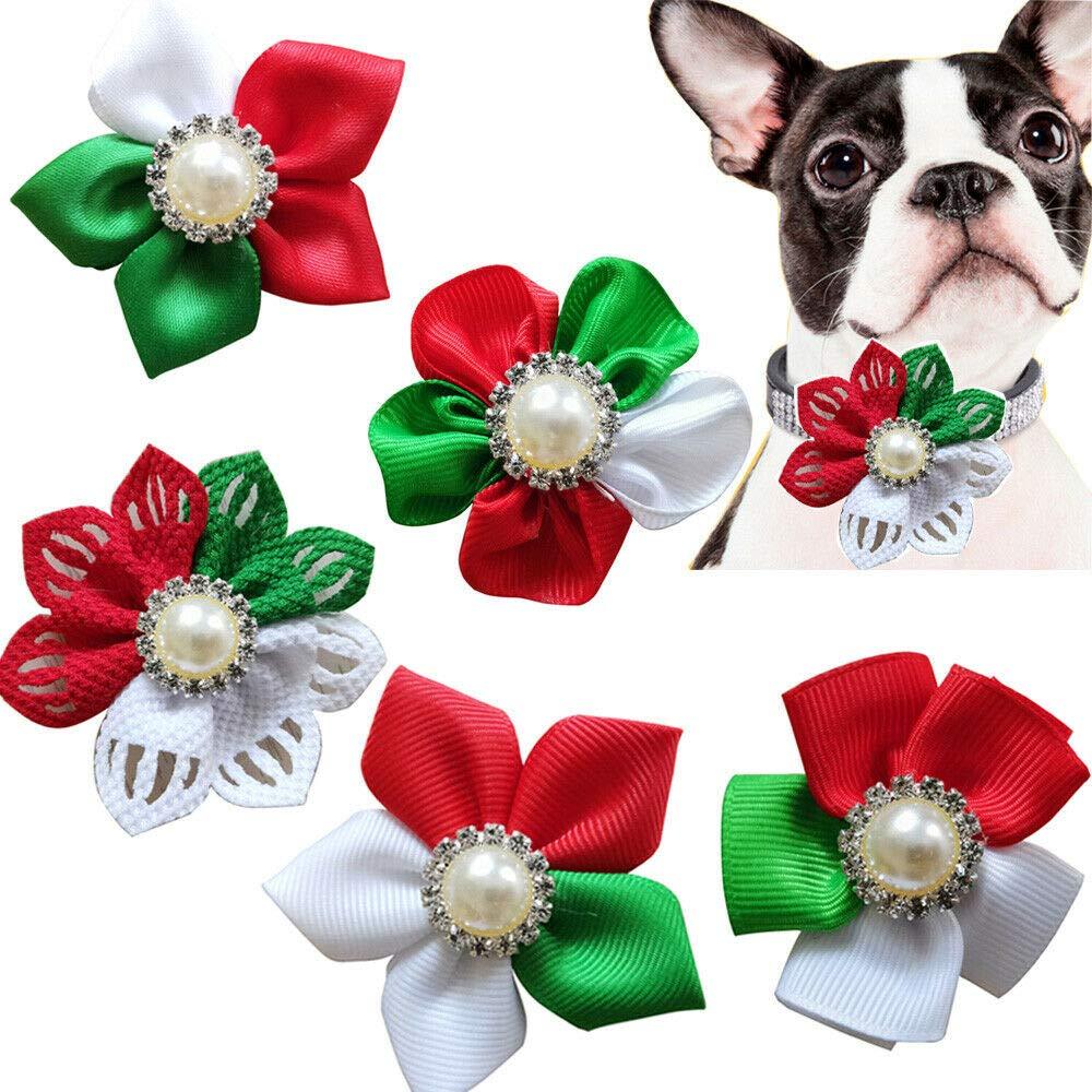 [Australia] - Masue Pets Christmas Dog Flower, Cat Dog Bowtie Holidays,5pcs Diamand Dog Collar Charms Elegant Cat Dog Flower 2.3" Dog Christmas Accessories 