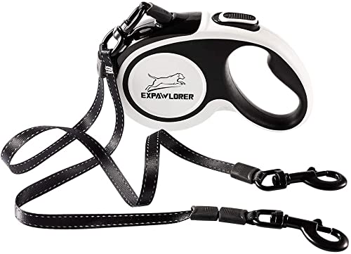 Dual Retractable Dog Leash - Double-Head Lockable Extendable Pet Leash - 16ft Reflective Nylon Ribbon - 360° Tangle-Free for Two Dogs Walking Training, Up to 160 lbs Total, 80 lbs Each - PawsPlanet Australia