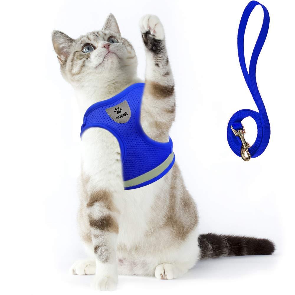 Supet Cat Harness and Leash Set for Walking Cat and Small Dog Harness Soft Mesh Puppy Harness Adjustable Cat Vest Harness with Reflective Strap Comfort Fit for Pet Kitten Puppy Rabbit X-Small (Chest: 7" - 9") Blue - PawsPlanet Australia