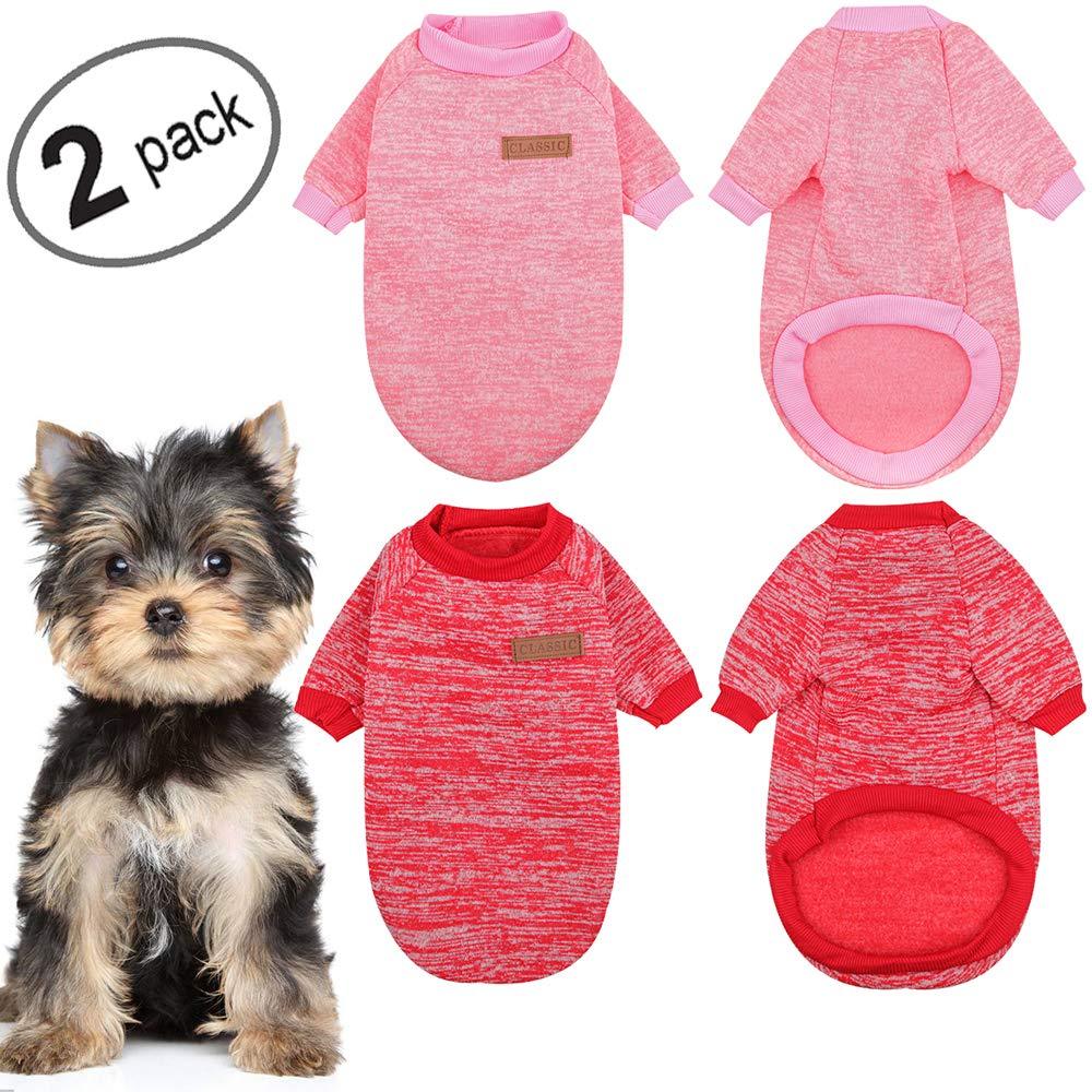 KOOLTAIL Dog Sweater Winter Clothes 2 Pack - 2 Colors Soft and Warm Suitable for Tiny Small Medium Dogs Puppy Pet Fall Sweaters Fashionable Large[Neck 18.5" Back 13"] PINK&RED - PawsPlanet Australia