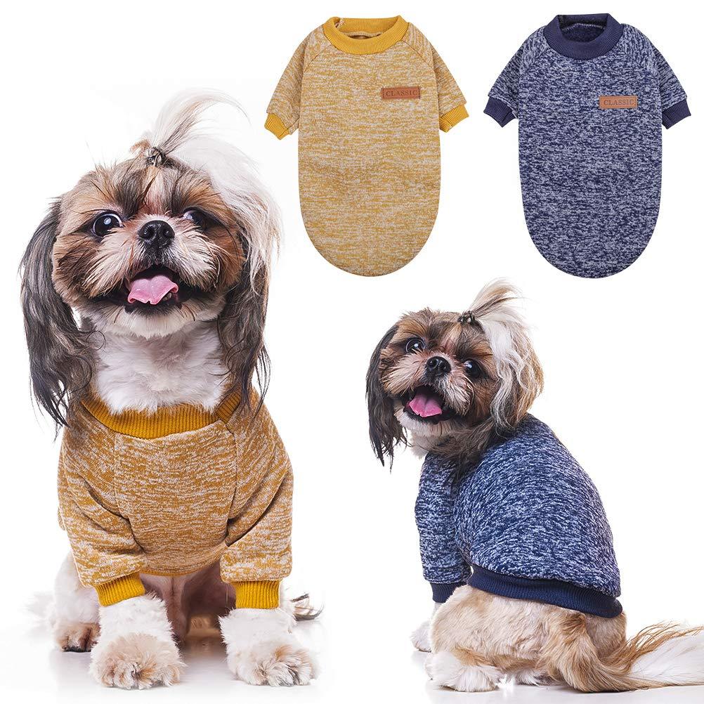 Dog Sweater Winter Clothes 2 Pack - 2 Colors Soft and Warm Suitable for Tiny Small Medium Dogs Puppy Pet Fall Sweaters Fashionable Small[Neck 13.7" Back 9"] Navy & Khaki - PawsPlanet Australia