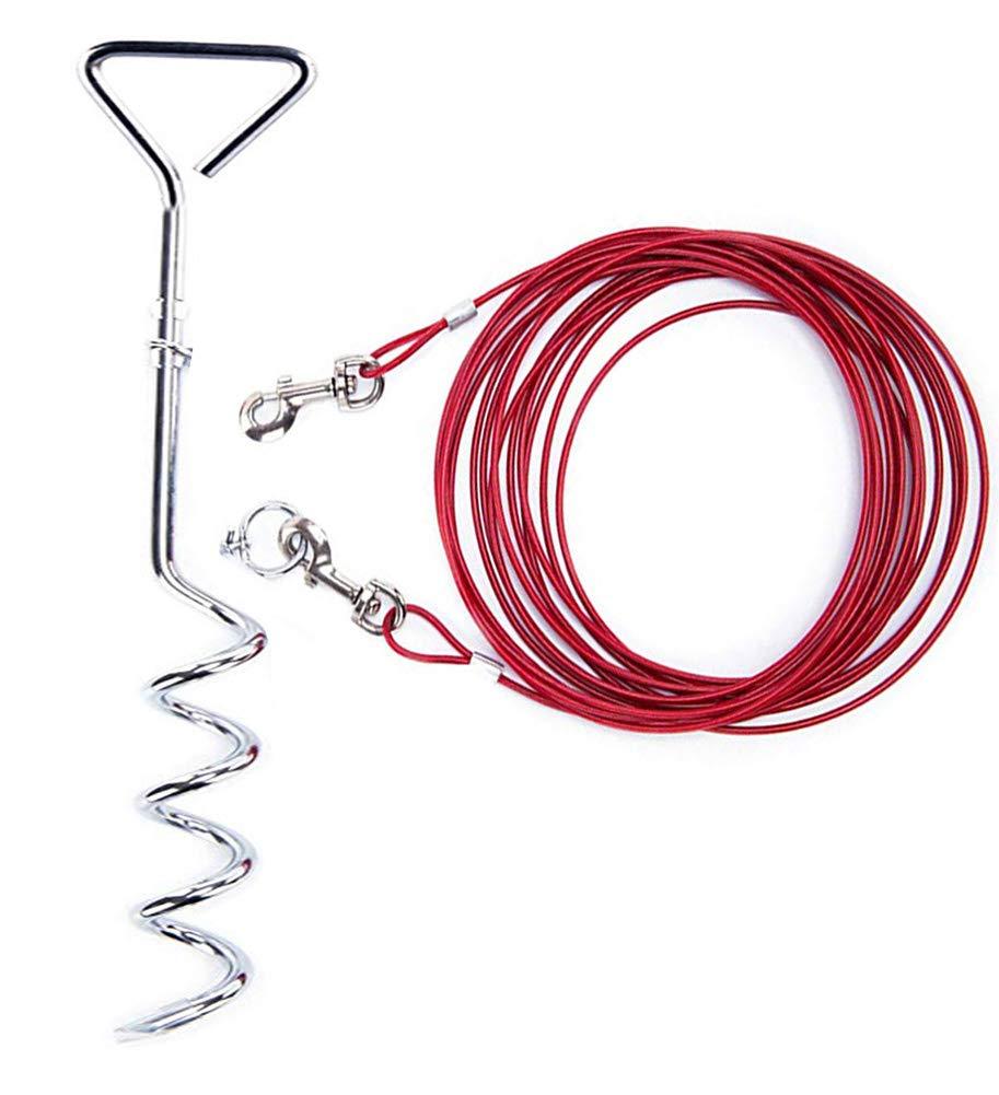 Relux Pet Dog Yard Stake Tie Out Cable 16 ft for Outdoor Yard and Camping,Medium to Large Dogs Up to 125 lbs(Red,18" Stake, 16 ft Cable) Red - PawsPlanet Australia