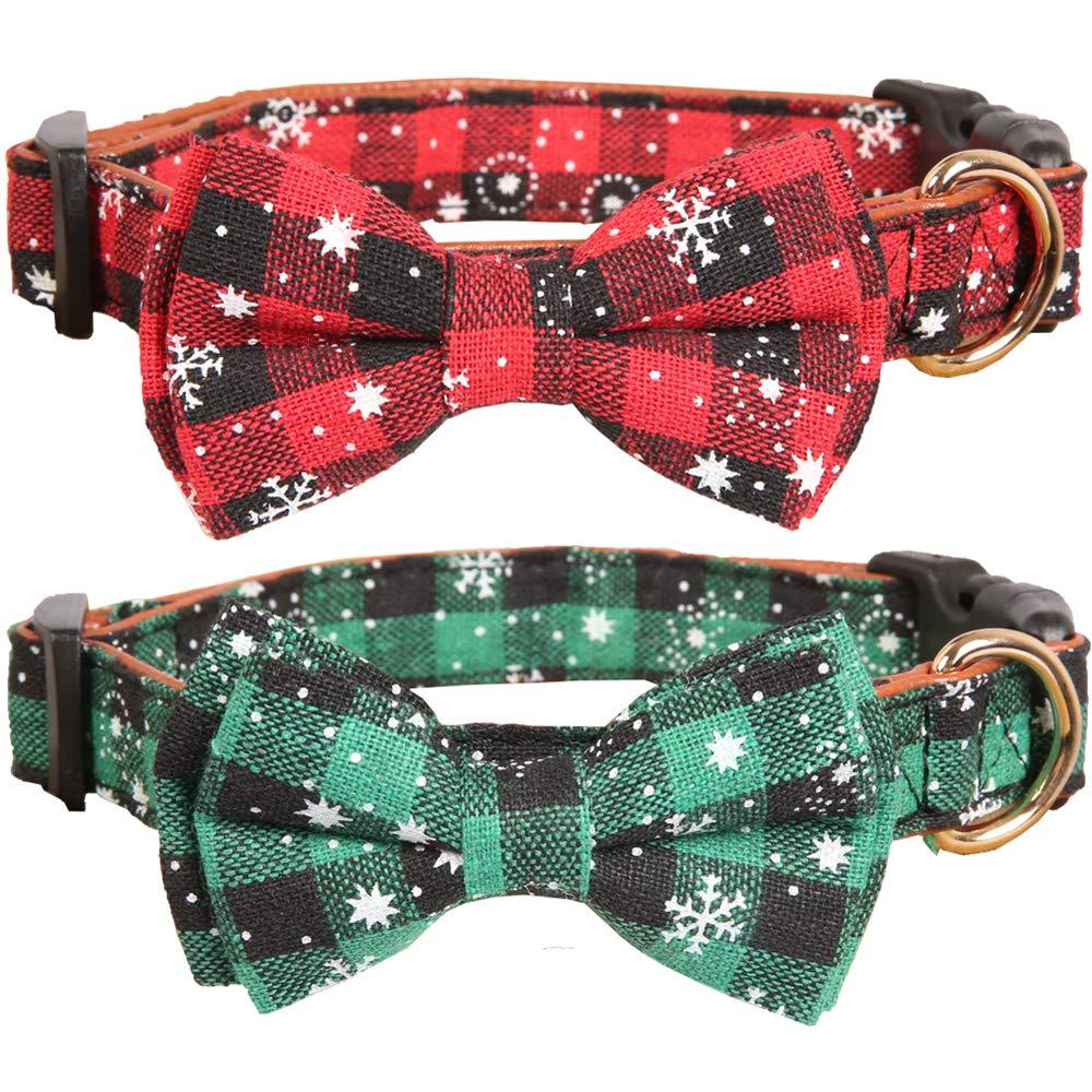 [Australia] - Lamphyface 2 Pack Christmas Dog Collar Adjustable with Cute Bow Tie Plaid 