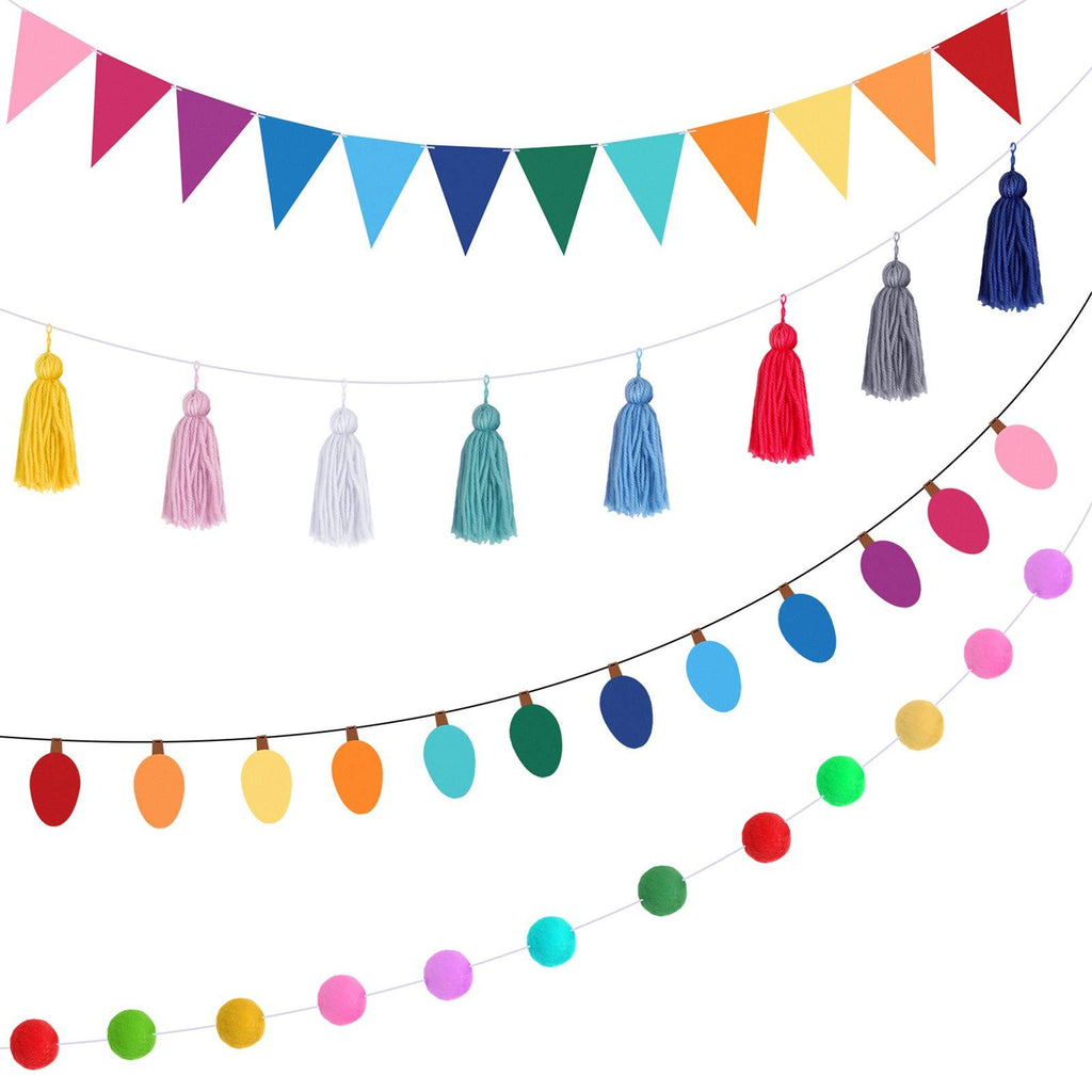 4 Pieces Colorful Garland Banner Felt Balls Garland Tassel Triangle Flags Light Bulb Banners for Christmas Holiday Wedding Party Wall Decorations - PawsPlanet Australia