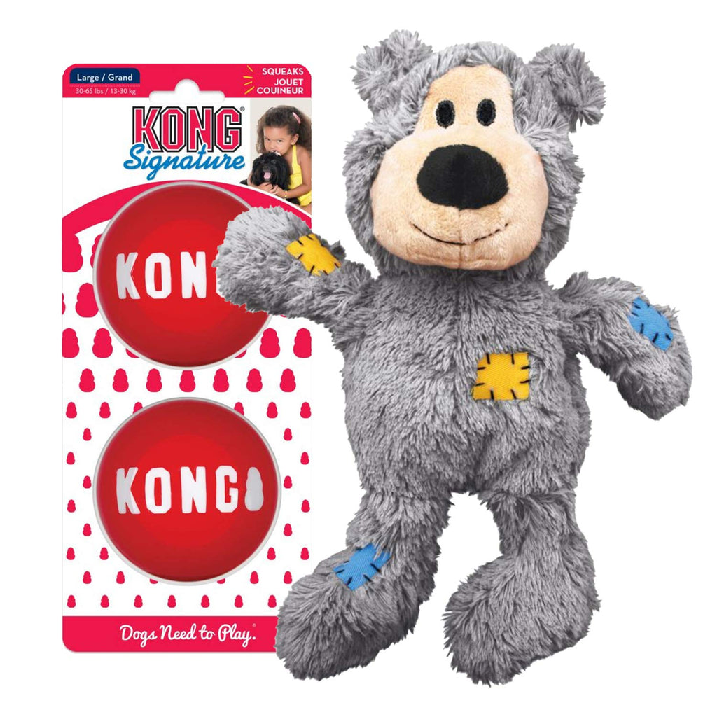 KONG - Wild Knots Bear and Signature Balls (2 Pack) - Rope Plush Toy and Squeak Balls - for Small Dogs - PawsPlanet Australia